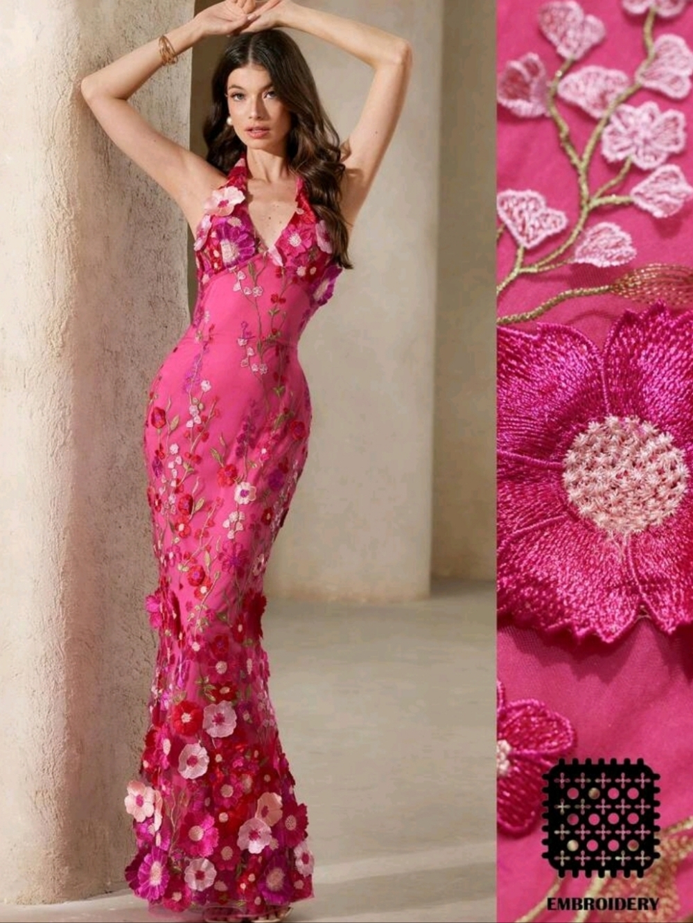 Pink Floral Embroidered Halter Mermaid Dress